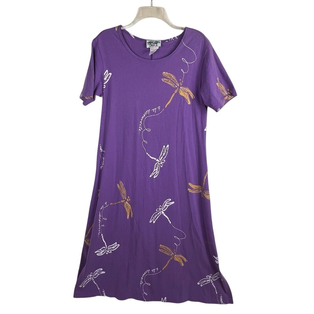 Vintage Coconut Bay Dragonfly Dress Small Purple Gold Cotton Vacation Comfy